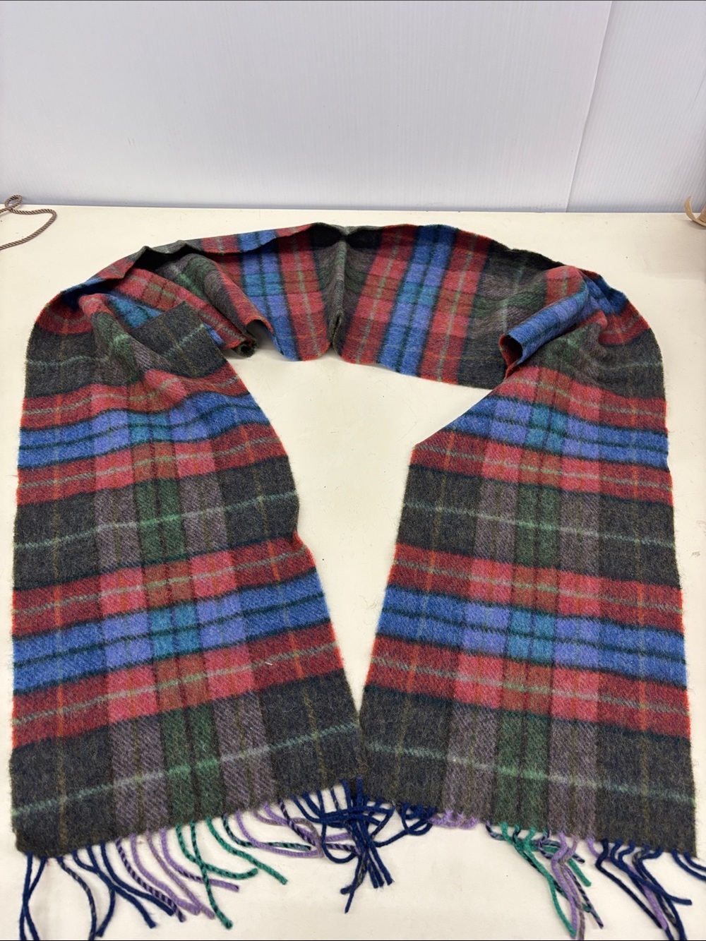NWT John Hanly Plaid Fringe Wool Scarf — Red, Blue & Green
